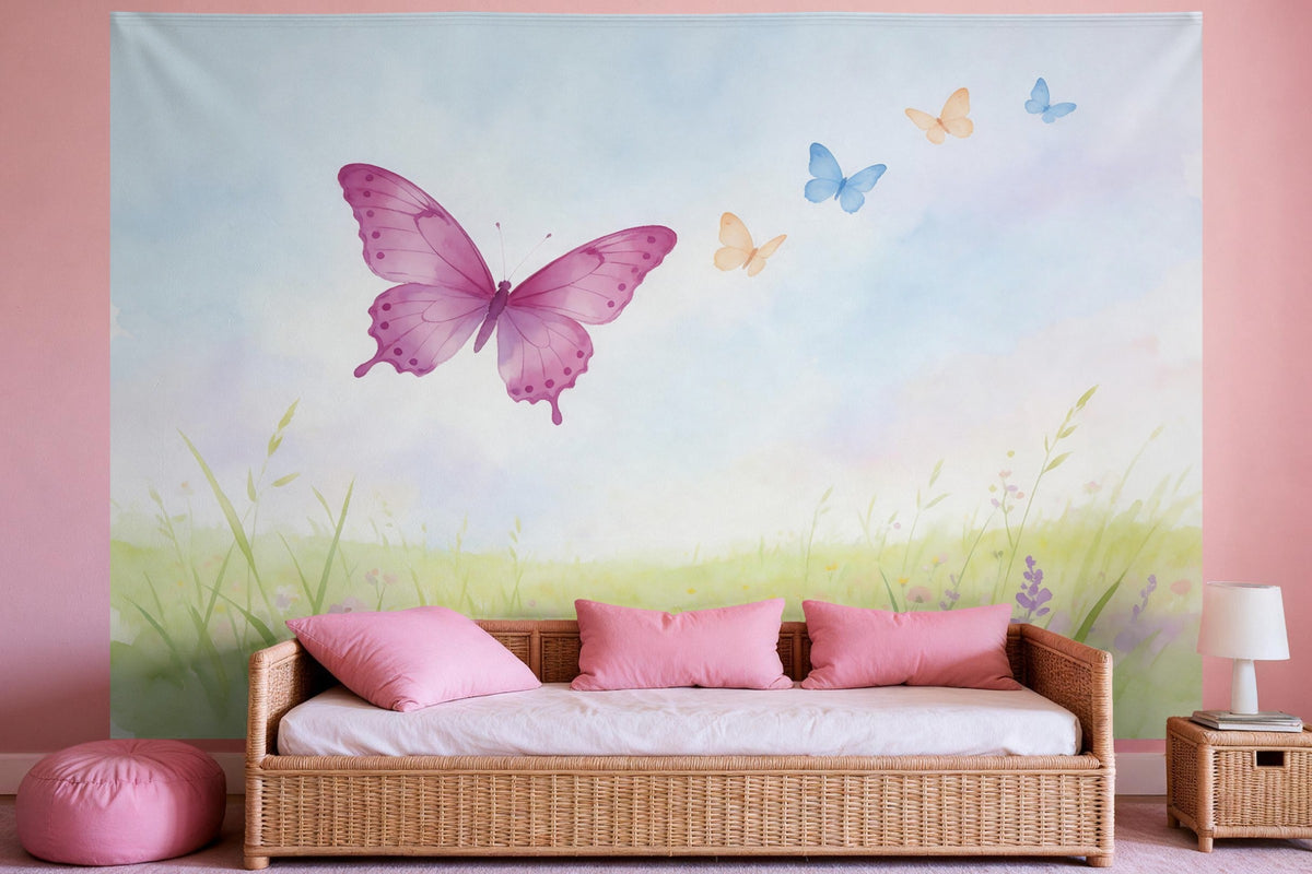 Tapiz de pared XXL Mariposas en acuarela como decoración en un dormitorio de niña