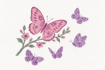 Schmetterlinge im Holzschnitt: pinker Falter links auf Blütenzweig, dazu violette Falter, als Wandtuch, auf Stoff gedruckt