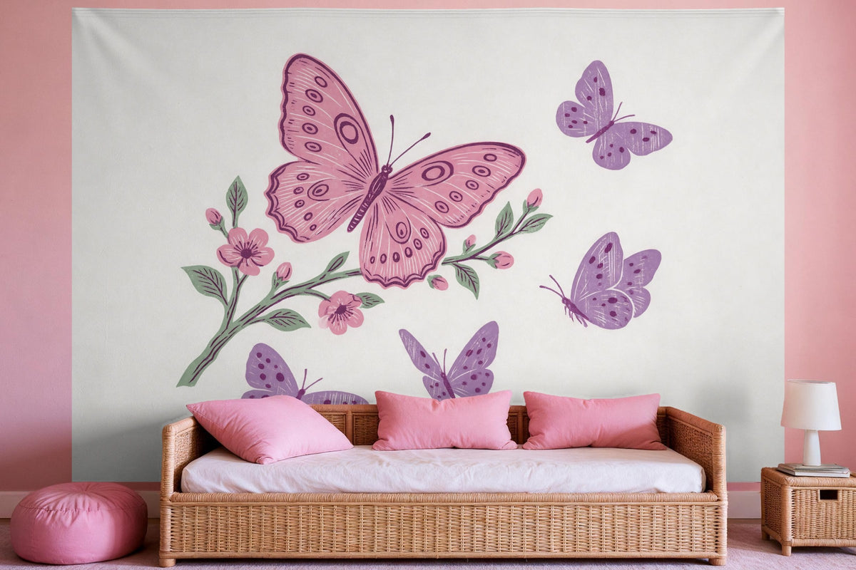 Tapiz de pared XXL Mariposas estilo grabado en madera como decoración en un dormitorio de niña