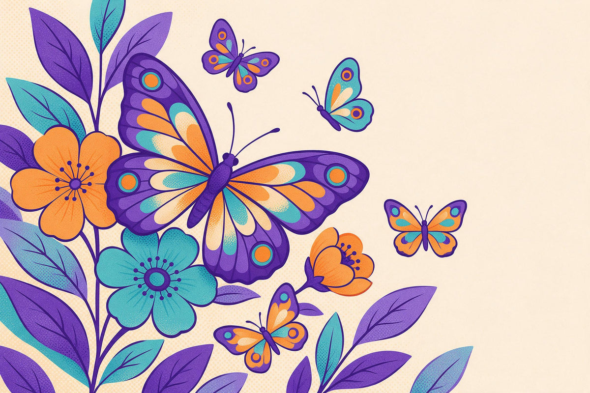 Schmetterlinge: Pop-Art-Falter mit gemusterten Flügeln über Blüten, als Wandtuch, auf Stoff gedruckt – Violett und Türkis