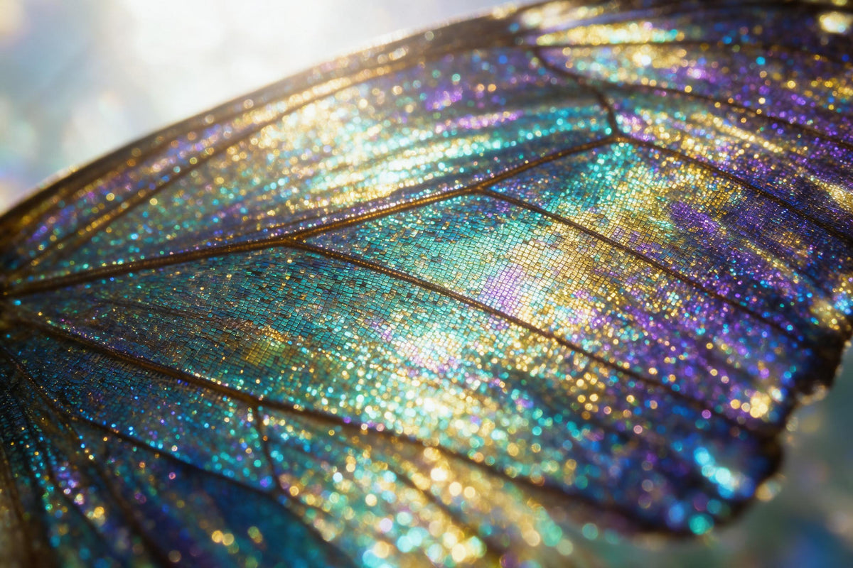 Ala de mariposa iridiscente con escamas centelleantes en primer plano, tapiz impreso en tela – turquesa y dorado