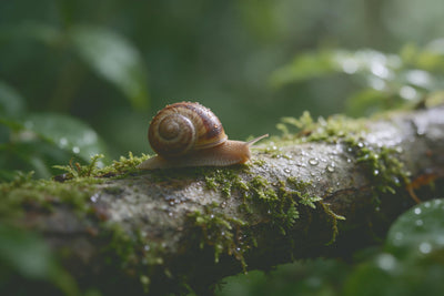 Snail with a striped shell on a mossy branch with raindrops, tapestry printed on fabric – brown and green