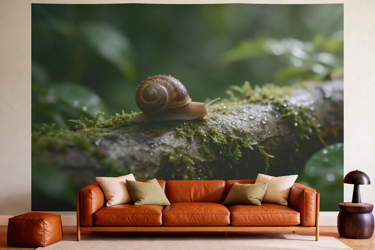 Wandtuch XXL Schnecke nach dem Regen als Wanddeko im gemütlichen Wohnzimmer über dem Ledersofa