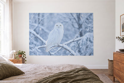 Tapiz búho nival bajo la nevada, dormitorio claro frente a la cama, cómoda de madera a la derecha – blanco y azul