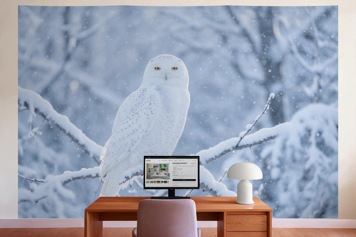 Wall decor in a home office behind the desk: printed fabric tapestry Snowy Owl in a Snow Flurry