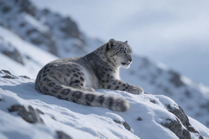 Léopard des neiges couché sur une crête enneigée devant des pentes, tenture murale imprimée sur tissu – gris et bleu glacier