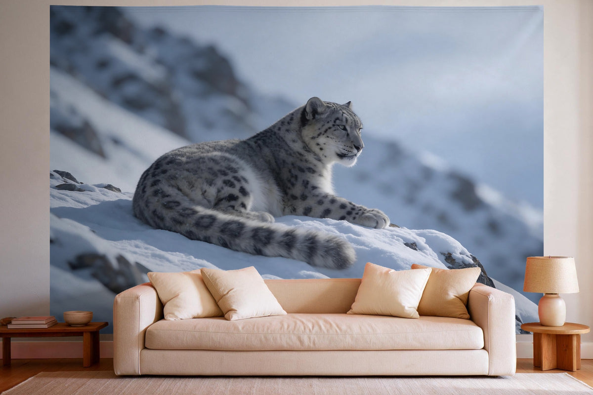 Wandtuch XXL Schneeleopard auf verschneitem Fels als Wanddeko im hellen Wohnzimmer über dem Sofa