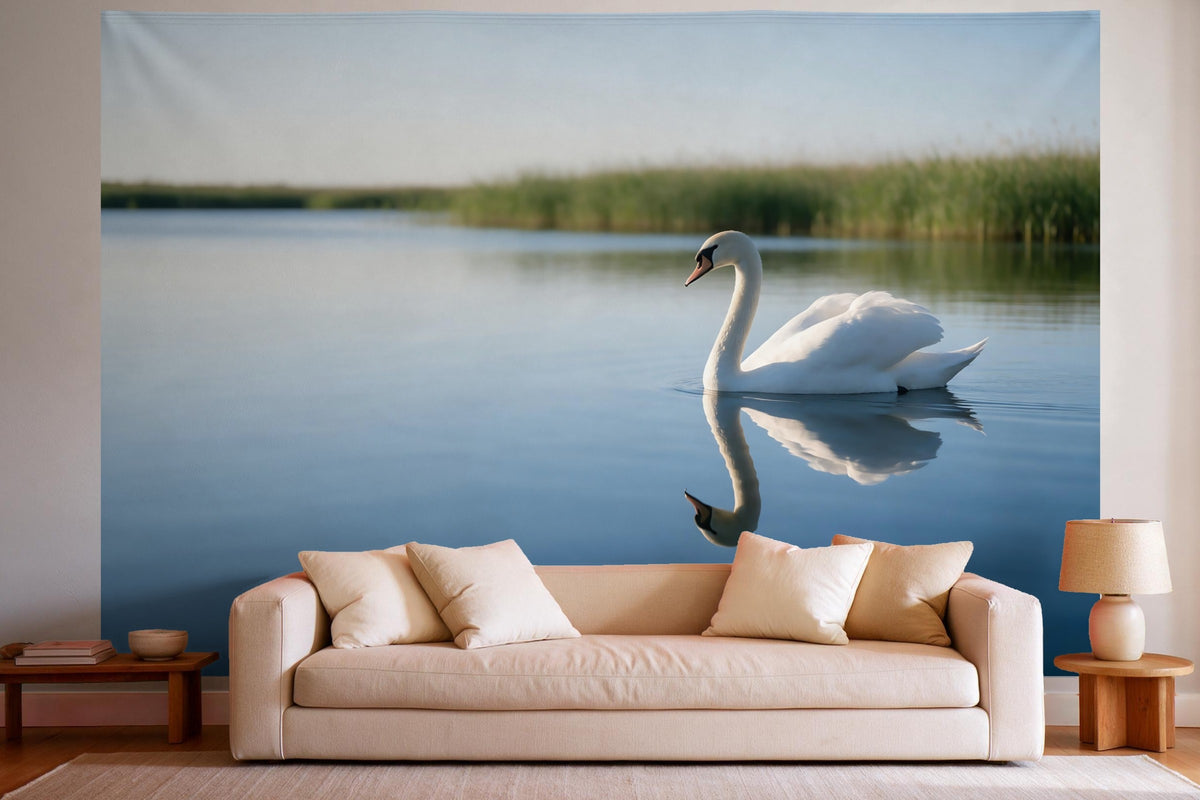Wandtuch XXL Weisser Schwan auf stillem Wasser als Wanddeko im hellen Wohnzimmer über dem Sofa