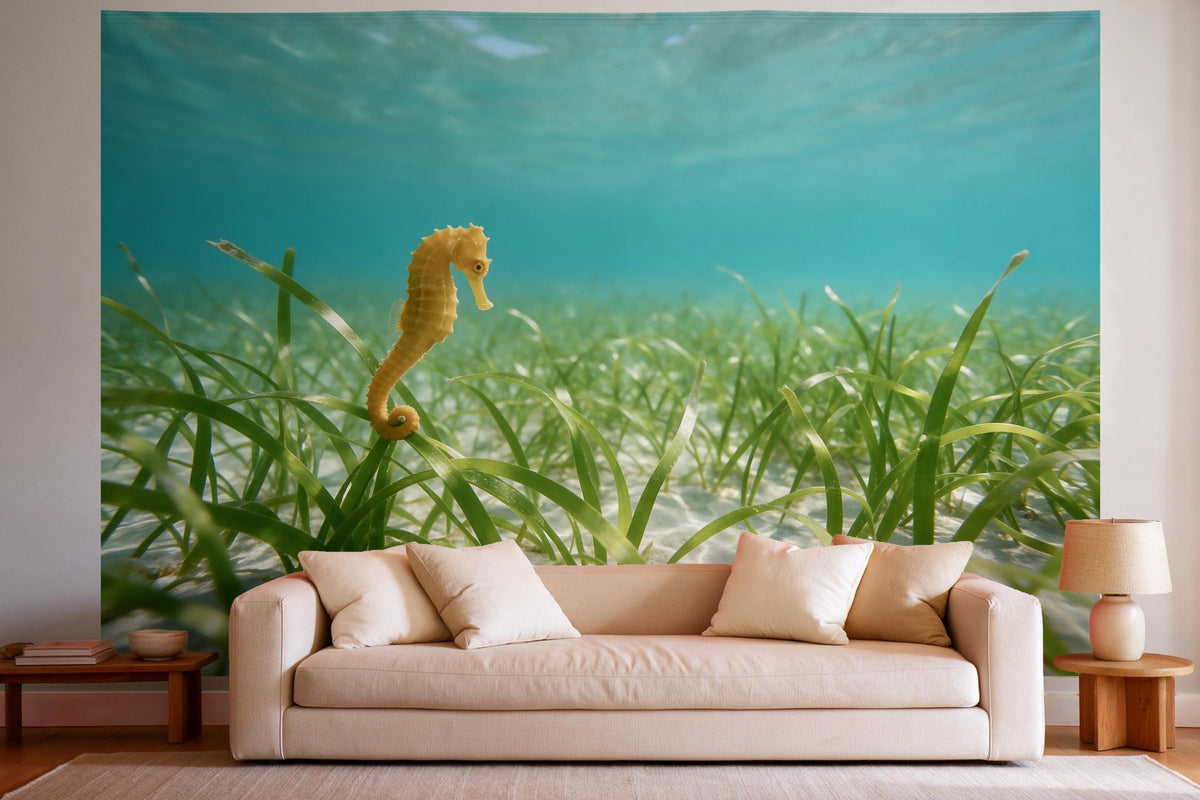 XXL wall tapestry Seagrass Meadow Underwater as wall decor in a bright living room above the sofa