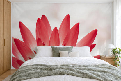 Bedruckter Stoff im XXL-Format: rote Seerosenblüte, Blütenblätter fächernd vor hellem Grund, wandfüllend hinter dem Bett