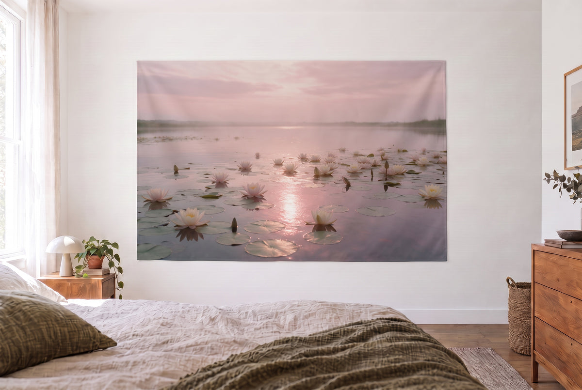 Wandtuch Seerosenweiher im hellen Schlafzimmer über dem Bett, rechts eine Holzkommode – zartes Rosa und Salbeigrün