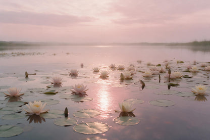 Seerosenweiher im Abendrosa als Wandtuch, auf Stoff gedruckt – weisse Blüten auf stillem Wasser mit rosa Spiegelung