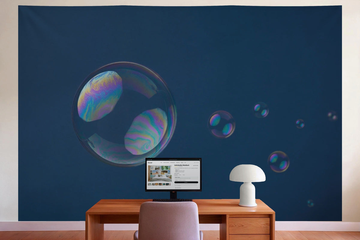 Wall decor in a home office behind the desk: printed fabric tapestry Soap Bubbles on Midnight Blue