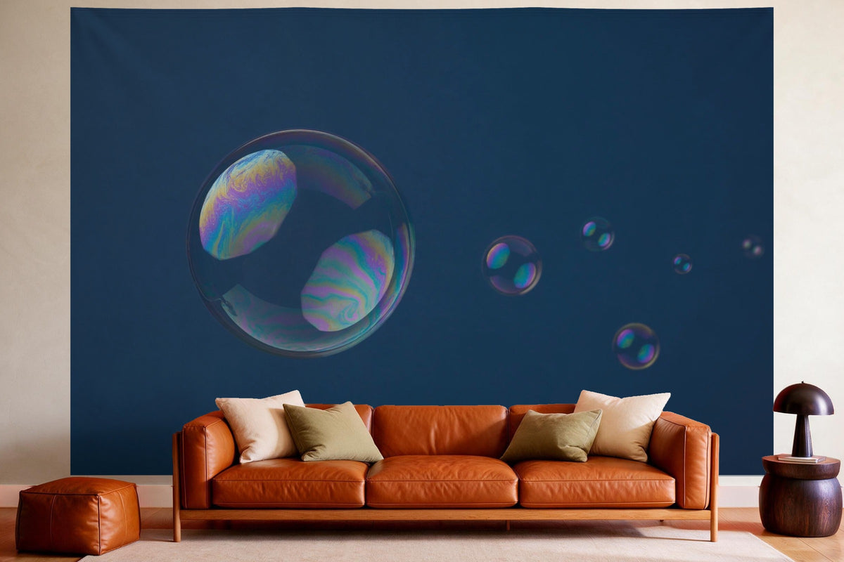 XXL wall tapestry Soap Bubbles on Midnight Blue as wall decor in a cosy living room above the leather sofa
