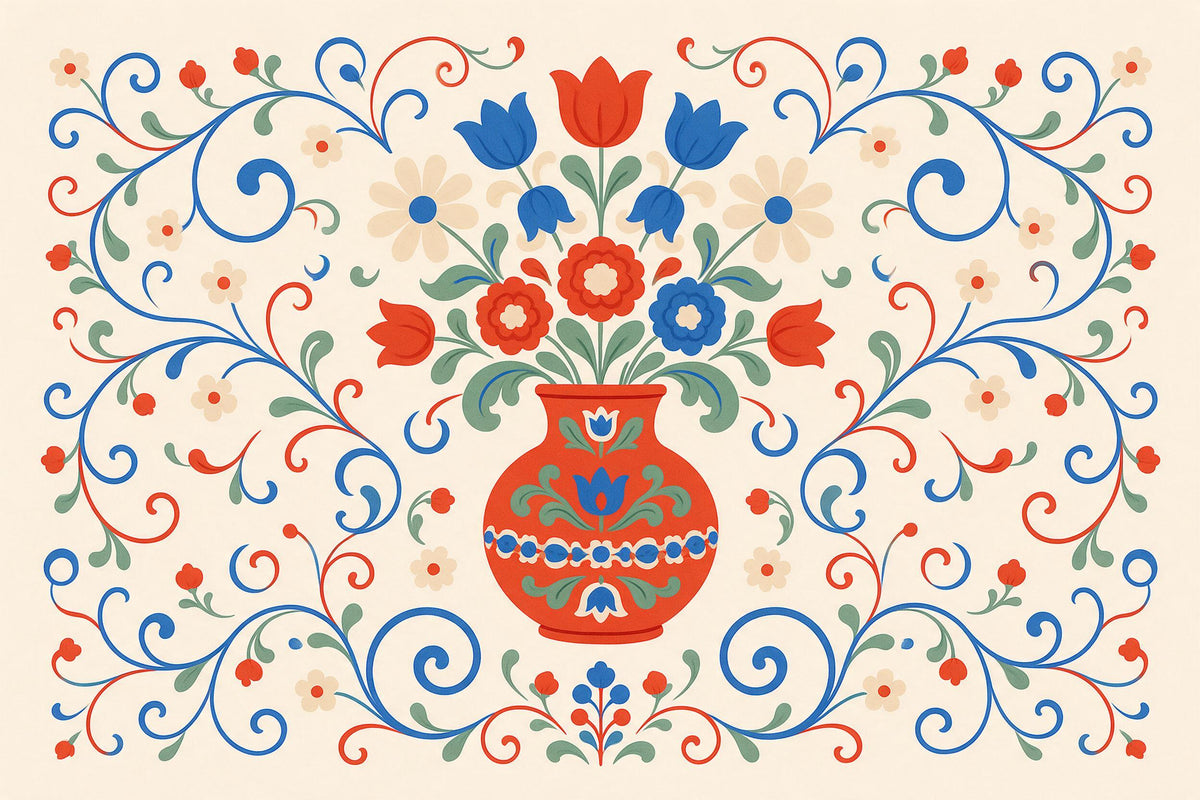 Jarrón de flores escandinavo con tulipanes y zarcillos en rojo y azul, tapiz impreso en tela – rojo y crema