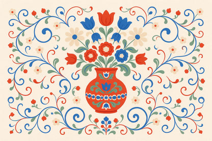 Jarrón de flores escandinavo con tulipanes y zarcillos en rojo y azul, tapiz impreso en tela – rojo y crema
