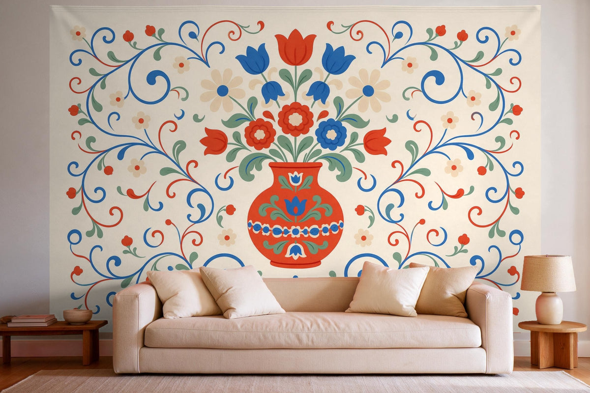 XXL wall tapestry Scandinavian Folk Floral Pattern as wall decor in a bright living room above the sofa