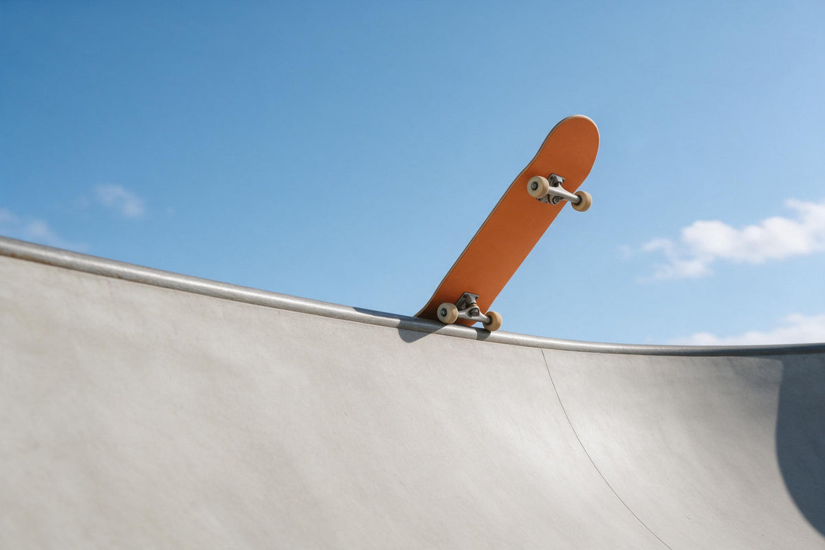 Skateboard mit orangem Deck auf der Beton-Halfpipe unter blauem Himmel, als Wandtuch, auf Stoff gedruckt – Grau und Orange
