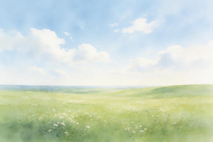 Sommerwiese mit wilden Blumen unter weissen Cumuluswolken, als Wandtuch, auf Stoff gedruckt – Grün und Blau
