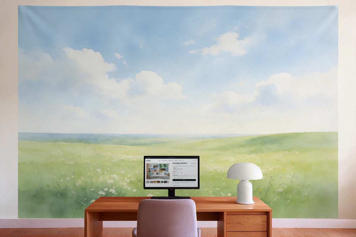 Decoración de pared en la oficina detrás del escritorio: tapiz de tela Prado de verano bajo cúmulos