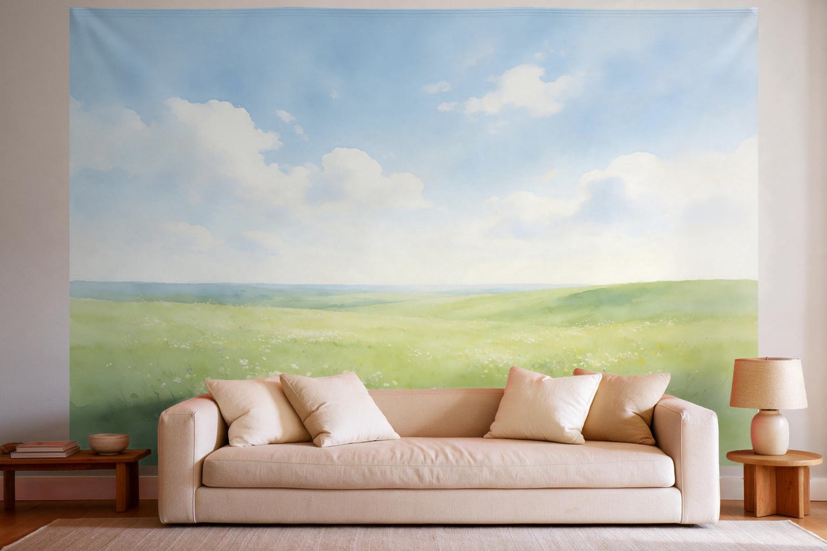 Tapiz de pared XXL Prado de verano bajo cúmulos como decoración en un salón luminoso sobre el sofá