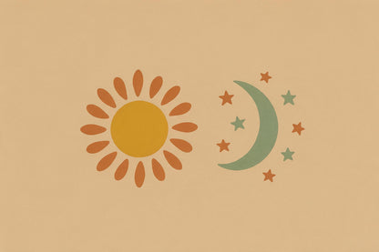 Sol y luna con rayos y estrellas sobre un tranquilo fondo arena, tapiz impreso en tela – naranja, amarillo y salvia