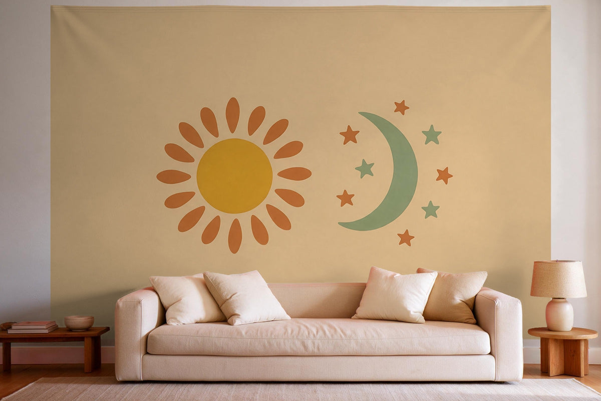 Wanddeko im hellen Wohnzimmer über dem Sofa: Wandtuch Sonne und Mond im Boho-Stil, auf Stoff gedruckt