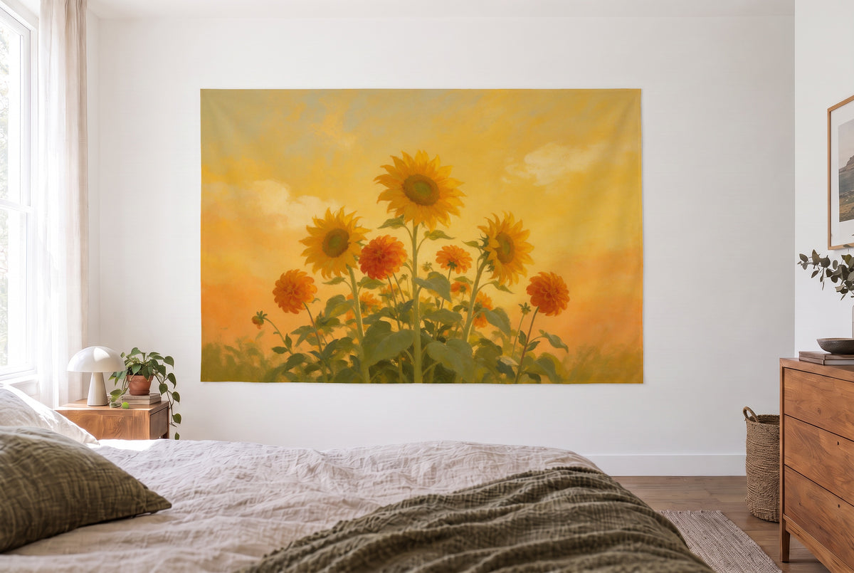 Wandtuch Sonnenblumen und Dahlien in Öl im hellen Schlafzimmer gegenüber dem Bett, rechts eine Holzkommode – Gelb und Orange
