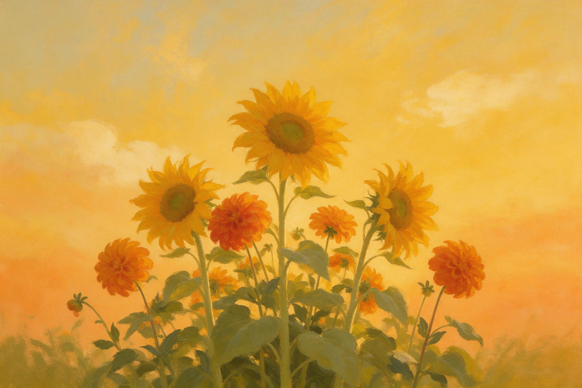Sonnenblumen und orange Dahlien in der Mitte vor warmem Abendhimmel in Öl, als Wandtuch, auf Stoff gedruckt – Gelb und Orange