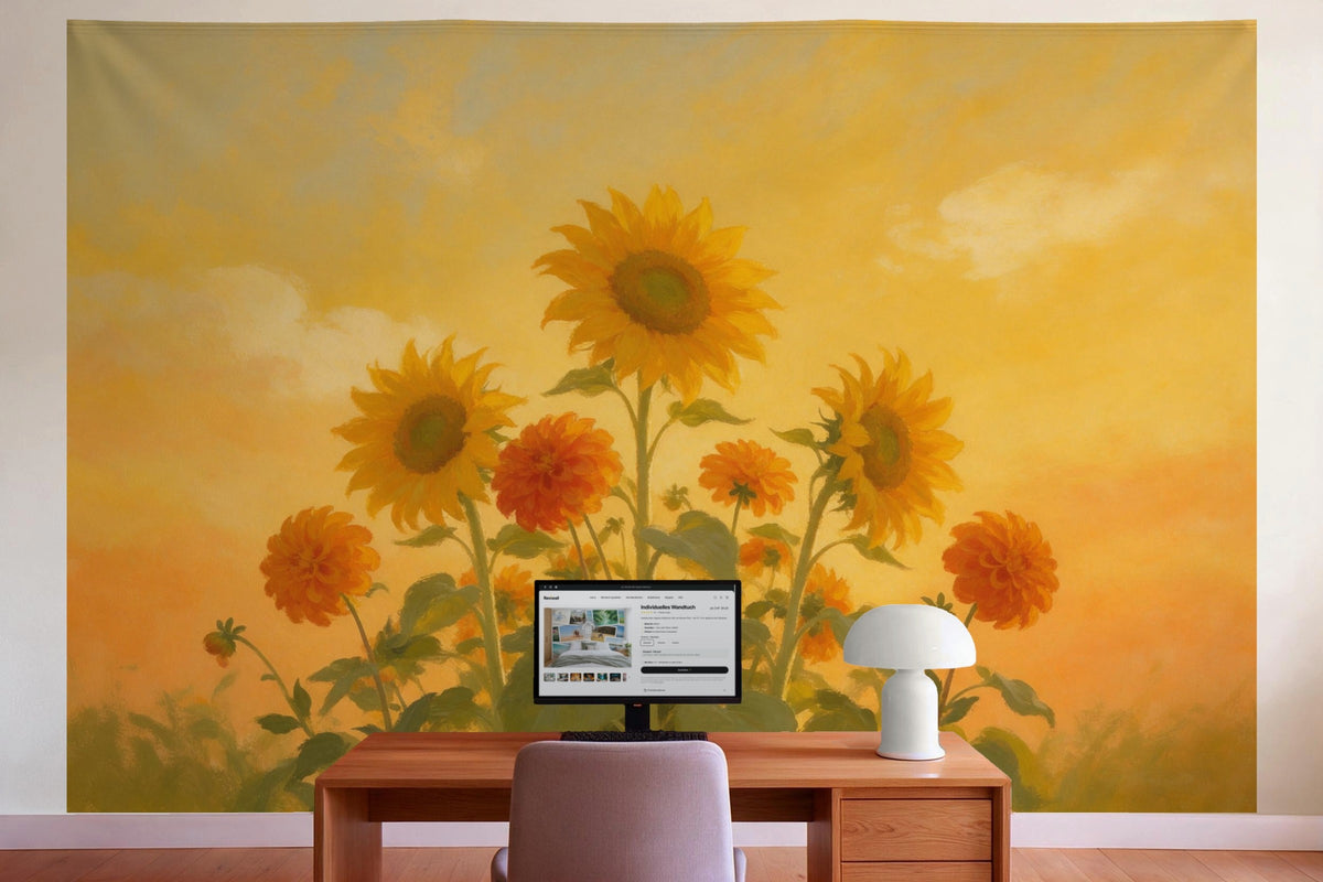 Decoración de pared en la oficina detrás del escritorio: tapiz de tela Girasoles y dalias al óleo