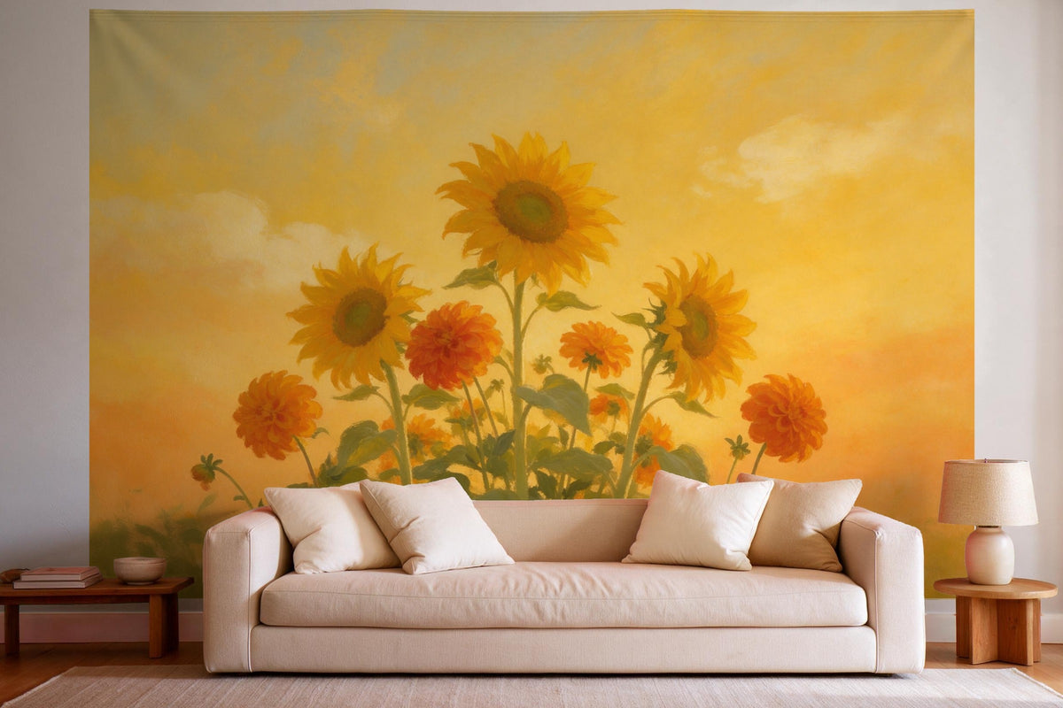 Tapiz de pared XXL Girasoles y dalias al óleo como decoración en un salón luminoso sobre el sofá