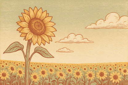 Hohe Sonnenblume links über einem weiten Sonnenblumenfeld im Holzschnitt als Wandtuch, auf Stoff gedruckt – Gelb und Salbei