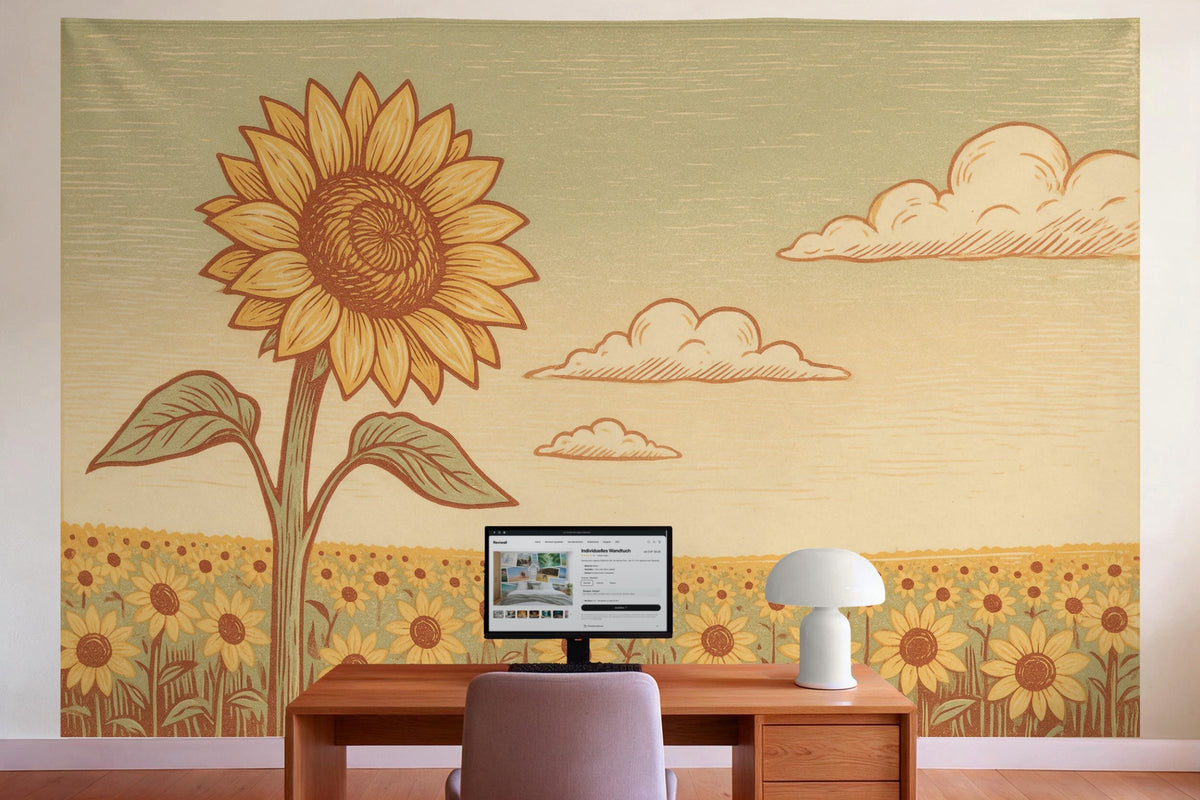 Wanddeko im Büro hinter dem Schreibtisch: Wandtuch Sonnenblumenfeld im Holzschnitt, auf Stoff gedruckt