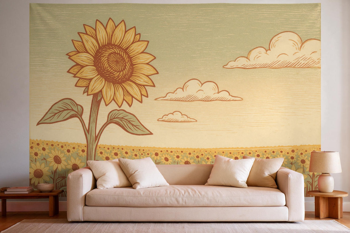 Wandtuch XXL Sonnenblumenfeld im Holzschnitt als Wanddeko im hellen Wohnzimmer über dem Sofa
