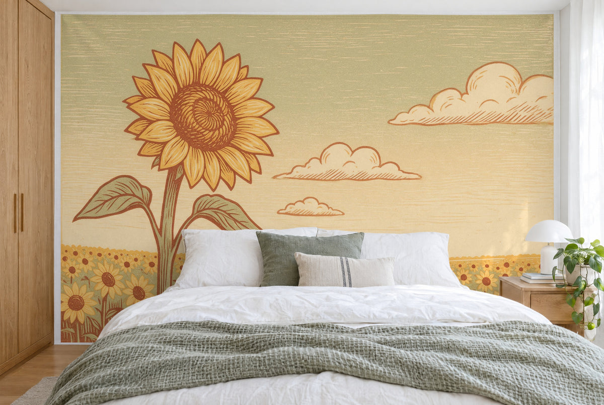 Bedruckter Stoff im XXL-Format: links ragt eine Sonnenblume hoch über das weite Feld, wandfüllend hinter dem Doppelbett