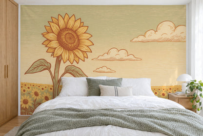 Bedruckter Stoff im XXL-Format: links ragt eine Sonnenblume hoch über das weite Feld, wandfüllend hinter dem Doppelbett