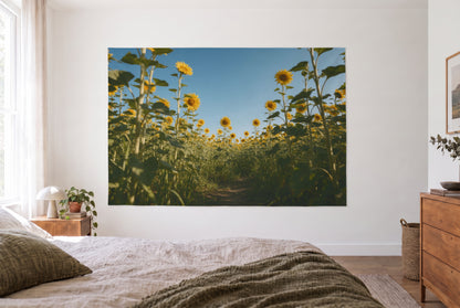 Tenture murale tournesols sous ciel bleu dans la chambre face au lit, commode en bois à droite – jaune et bleu
