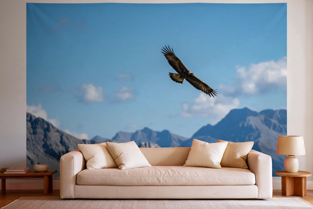 Wandtuch XXL Steinadler im Gleitflug als Wanddeko im hellen Wohnzimmer über dem Sofa