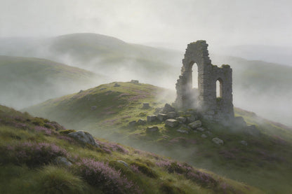 Steinruine mit zwei Fensterbögen rechts auf grünem Hügel im Nebel, als Wandtuch, auf Stoff gedruckt – Grün, Grau und Violett