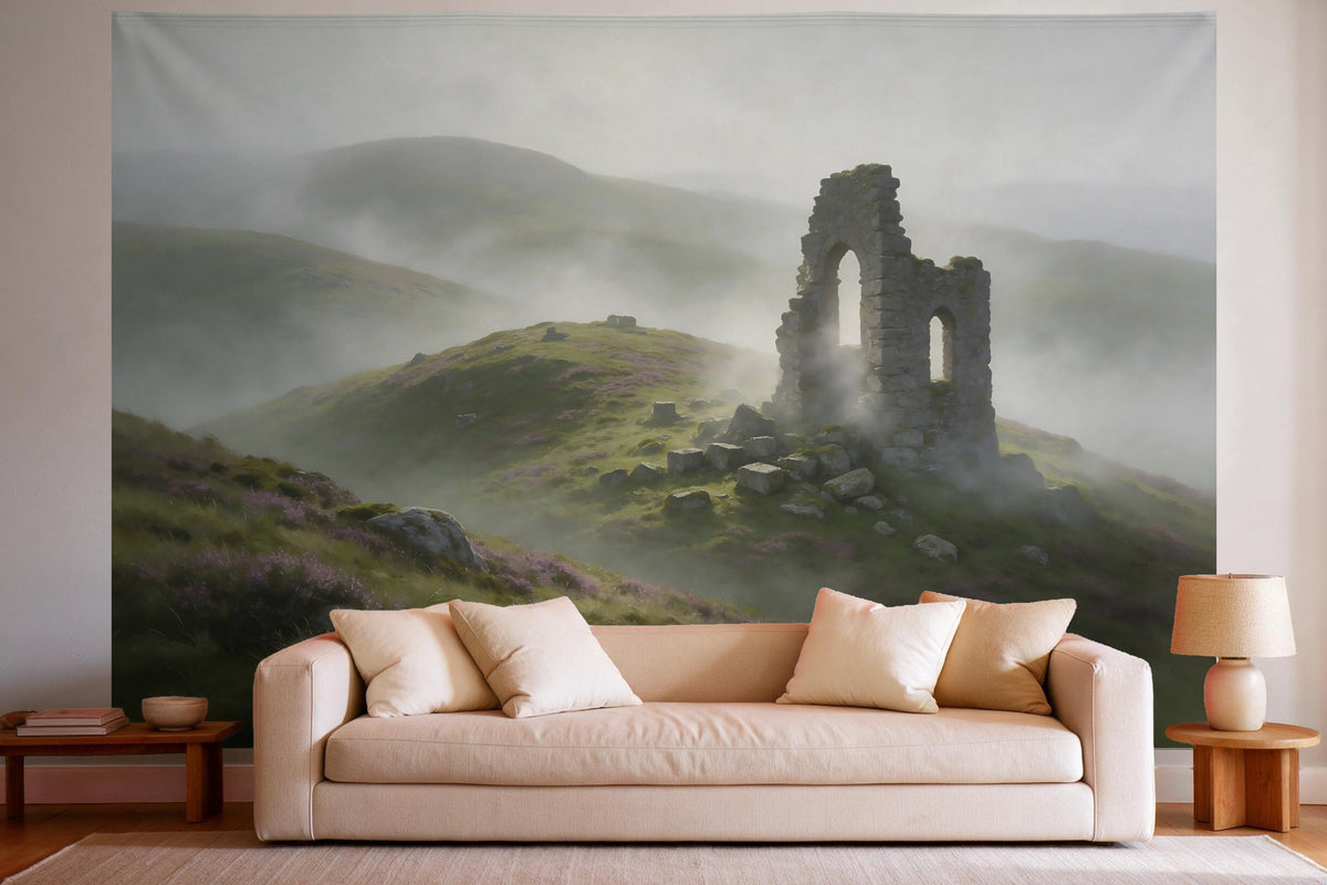 Wandtuch XXL Steinruine im Nebel als Wanddeko im hellen Wohnzimmer über dem Sofa