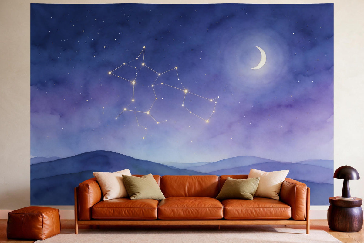 XXL wall tapestry Constellations over Gentle Hills as wall decor in a cosy living room above the leather sofa