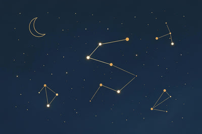 Golden constellations and a fine crescent moon on deep night blue, tapestry printed on fabric – blue and gold