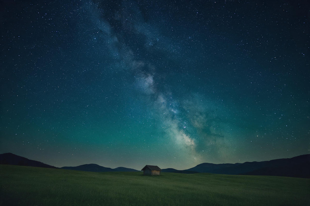 Starry sky: Milky Way over wooden hut and alpine meadow, tapestry printed on fabric – blue and turquoise