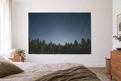 Wandtuch Sternenhimmel über Kiefernwald im hellen Schlafzimmer gegenüber dem Bett, rechts eine Holzkommode – Blau Grün