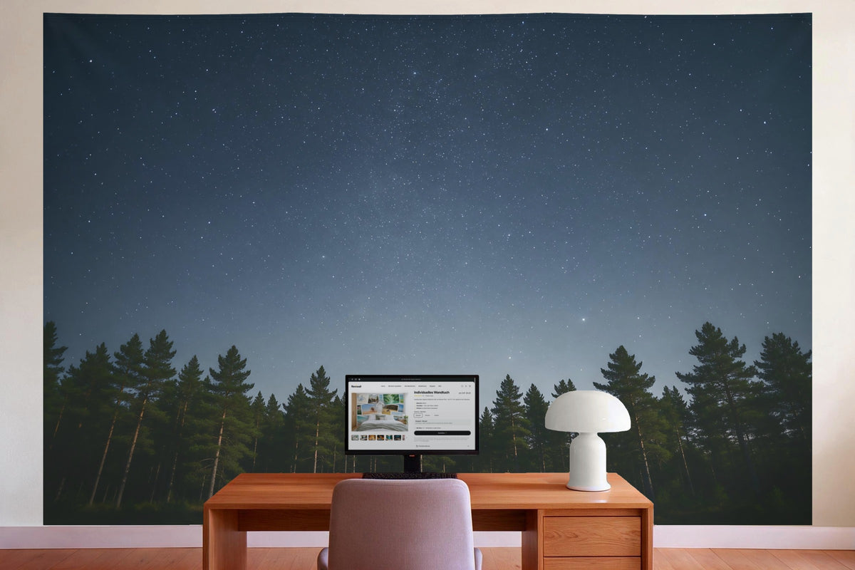 Decoración de pared en la oficina detrás del escritorio: tapiz de tela Cielo estrellado sobre bosque de pinos
