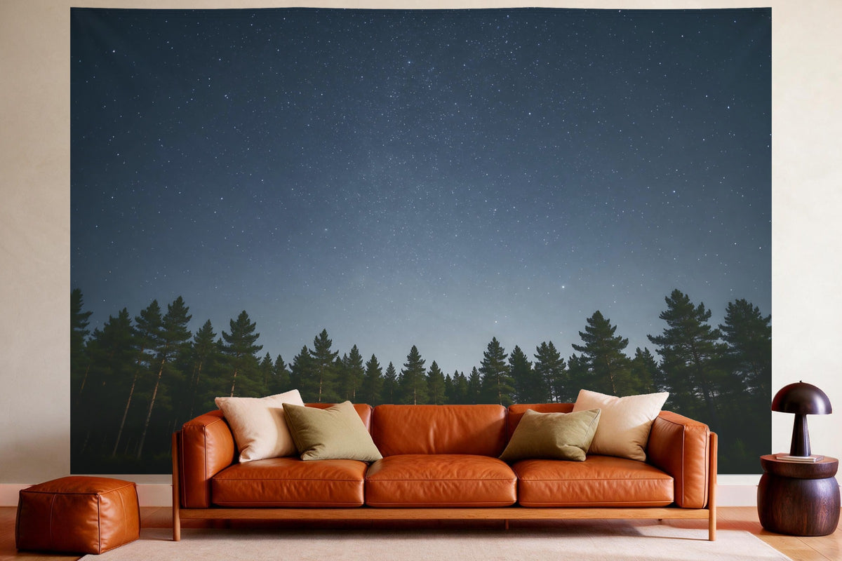 Tapiz de pared XXL Cielo estrellado sobre bosque de pinos como decoración en un salón acogedor sobre el sofá de cuero