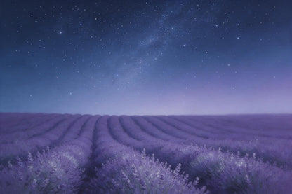 Lavendelfeld unter Sternenhimmel mit violetten Reihen zum Horizont, als Wandtuch, auf Stoff gedruckt – Blau und Violett