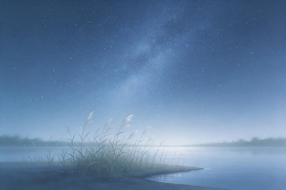 Sternenhimmel über Schilfufer mit klaren Sternen und Schilf am Ufer, als Wandtuch, auf Stoff gedruckt – Blau und Grün