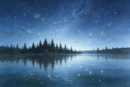 Amplio cielo estrellado sobre lago forestal con abetos y reflejo, tapiz impreso en tela – azul y verde