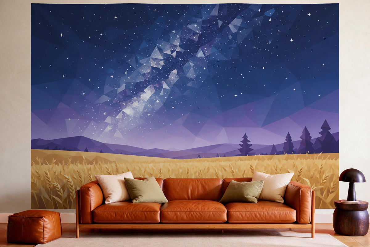 Wandtuch XXL Sternenhimmel über dem Weizenfeld als Wanddeko im gemütlichen Wohnzimmer über dem Ledersofa